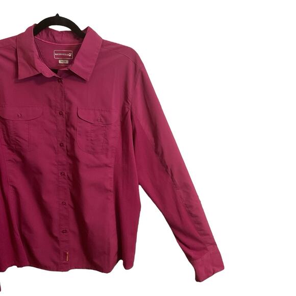 Merrell Women Size M Fuchsia Long Roll Tab Sleeve Button Up Hiking Travel Shirt - Picture 5 of 14